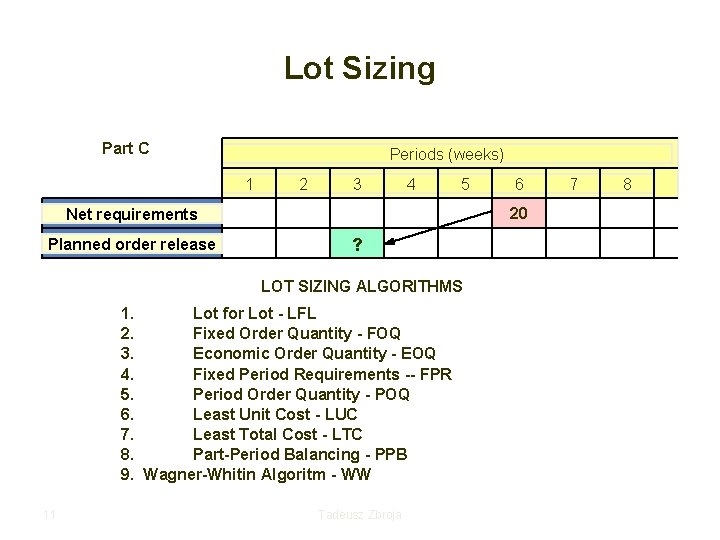 Lot Sizing Part C Periods (weeks) 1 2 3 4 5 20 Net requirements