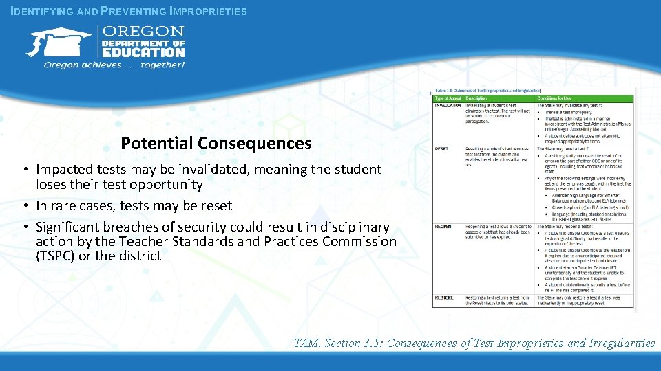 IDENTIFYING AND PREVENTING IMPROPRIETIES Potential Consequences • Impacted tests may be invalidated, meaning the