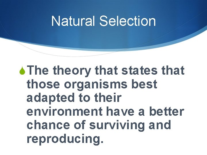 Natural Selection SThe theory that states that those organisms best adapted to their environment