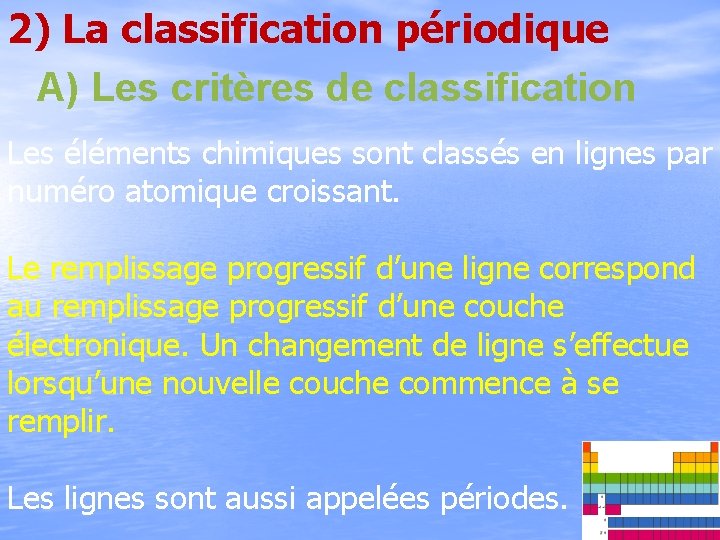 2) La classification périodique A) Les critères de classification Les éléments chimiques sont classés