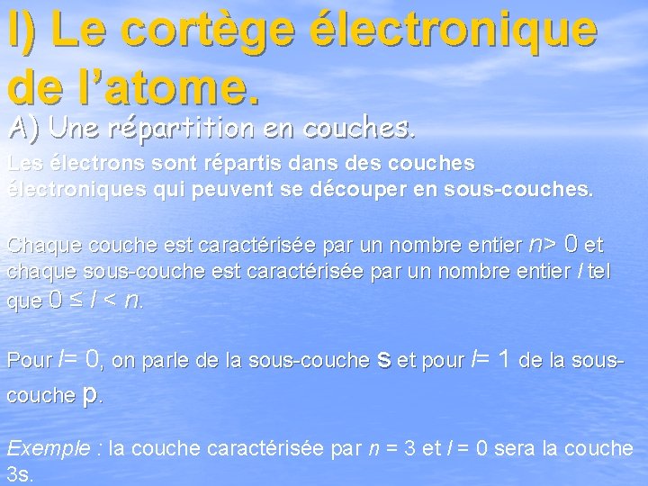 I) Le cortège électronique de l’atome. A) Une répartition en couches. Les électrons sont