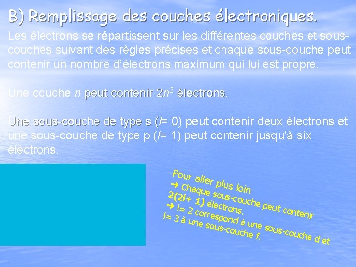 B) Remplissage des couches électroniques. Les électrons se répartissent sur les différentes couches et