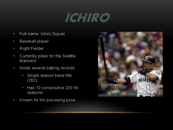 ICHIRO • Full name: Ichiro Suzuki • Baseball player • Right Fielder • Currently