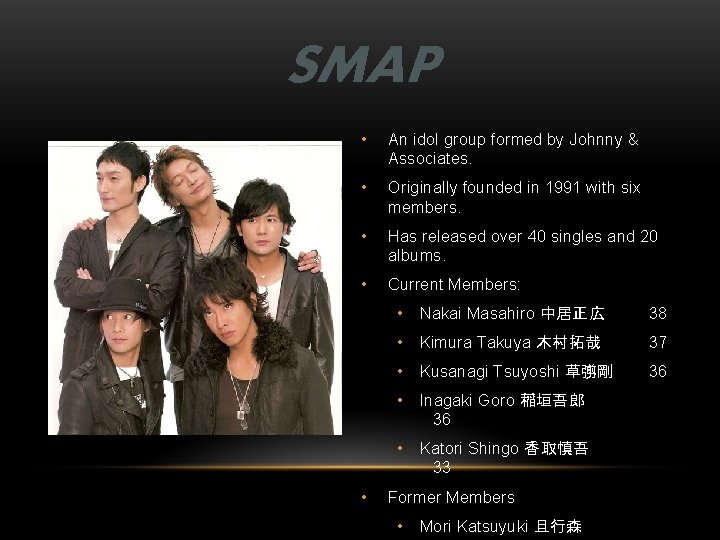 SMAP • An idol group formed by Johnny & Associates. • Originally founded in