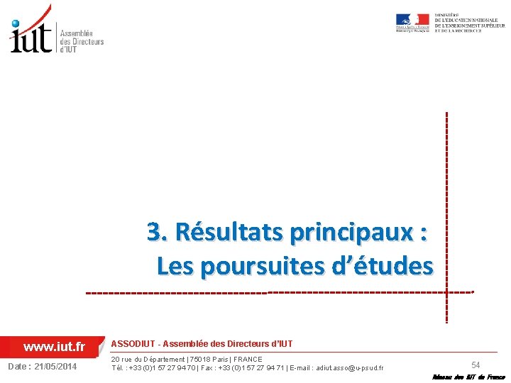 3. Résultats principaux : Les poursuites d’études www. iut. fr Date : 21/05/2014 ASSODIUT