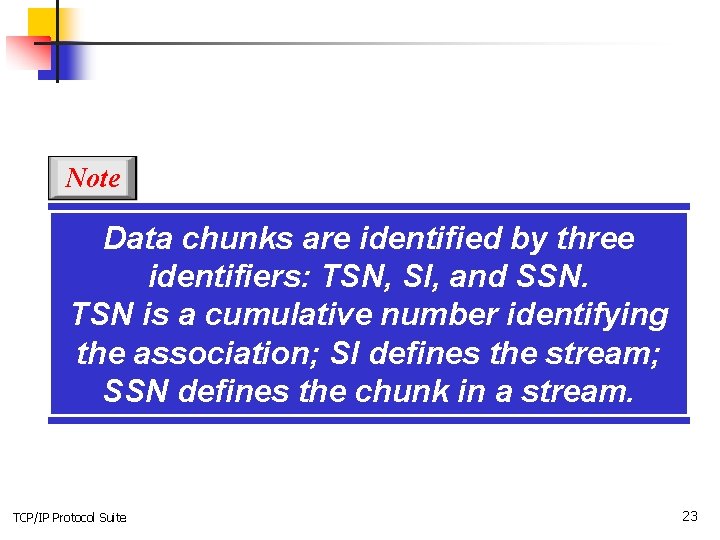 Note Data chunks are identified by three identifiers: TSN, SI, and SSN. TSN is
