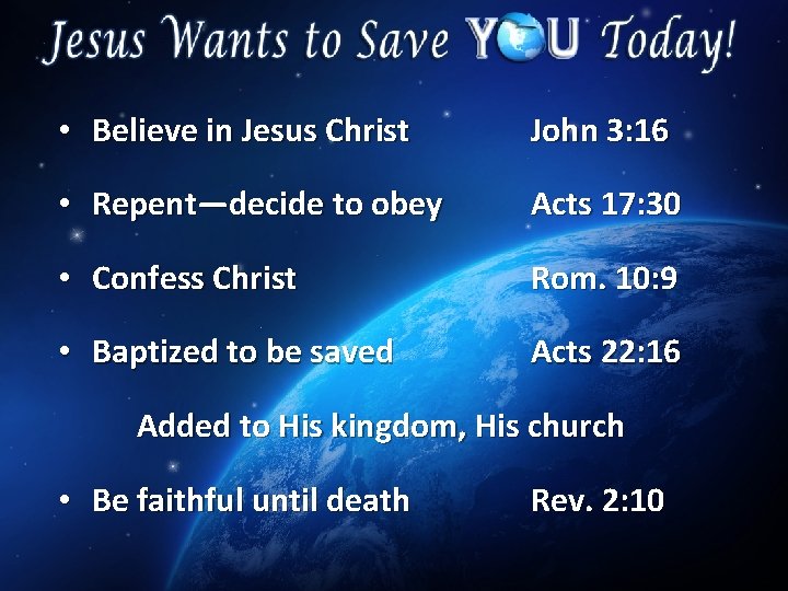  • Believe in Jesus Christ John 3: 16 • Repent—decide to obey Acts