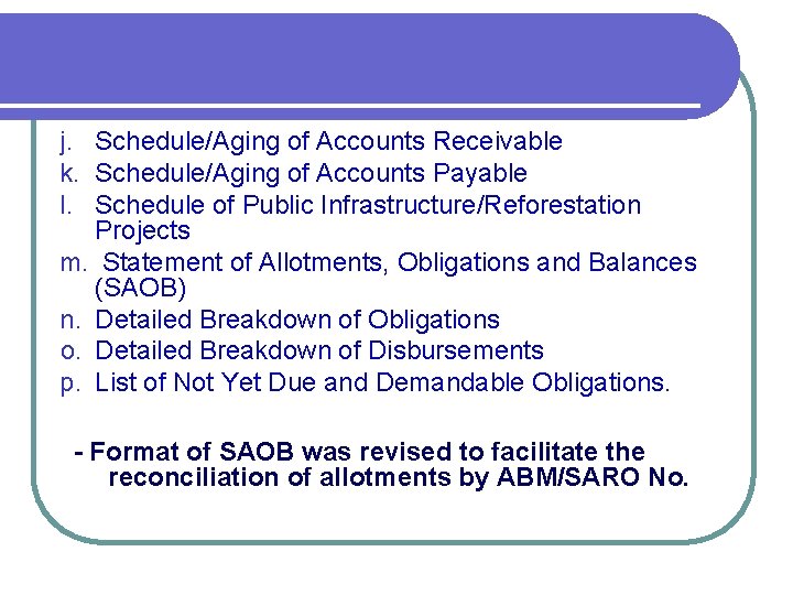 j. Schedule/Aging of Accounts Receivable k. Schedule/Aging of Accounts Payable l. Schedule of Public