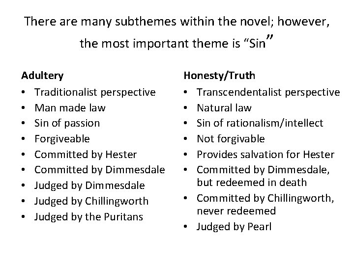 There are many subthemes within the novel; however, the most important theme is “Sin”