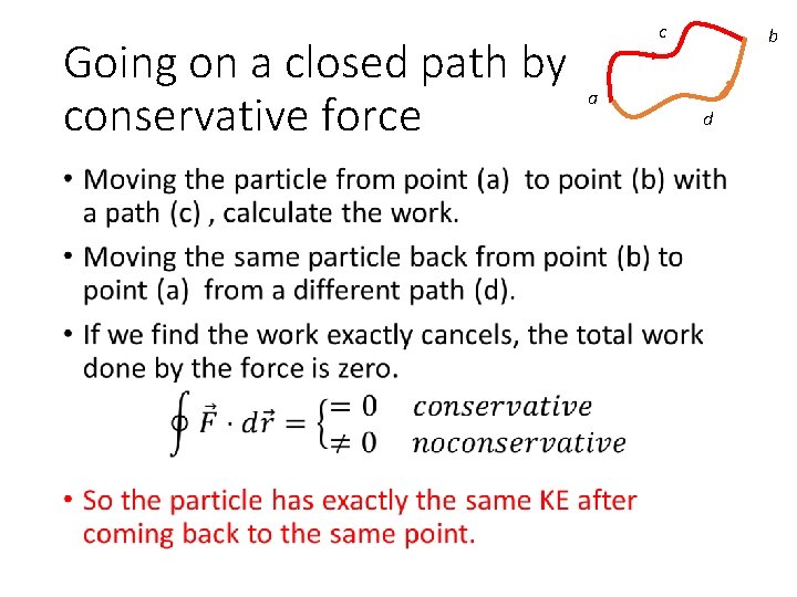 Going on a closed path by conservative force • c a b d 