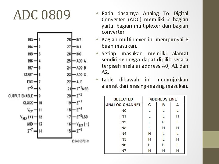 ADC 0809 • Pada dasarnya Analog To Digital Converter (ADC) memiliki 2 bagian yaitu,