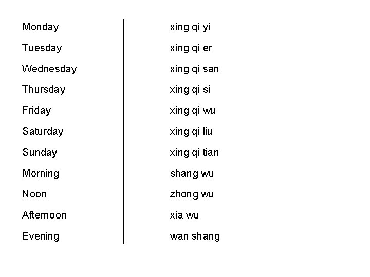 Monday xing qi yi Tuesday xing qi er Wednesday xing qi san Thursday xing