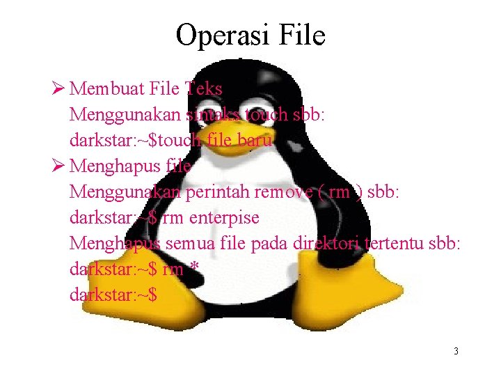 Operasi File Ø Membuat File Teks Menggunakan sintaks touch sbb: darkstar: ~$touch file baru