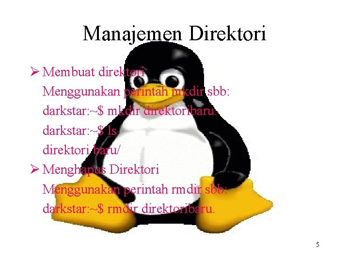 Manajemen Direktori Ø Membuat direktori Menggunakan perintah mkdir sbb: darkstar: ~$ mkdir direktoribaru. darkstar: