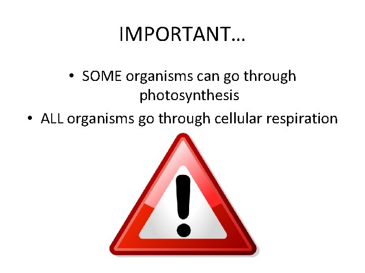 IMPORTANT… • SOME organisms can go through photosynthesis • ALL organisms go through cellular