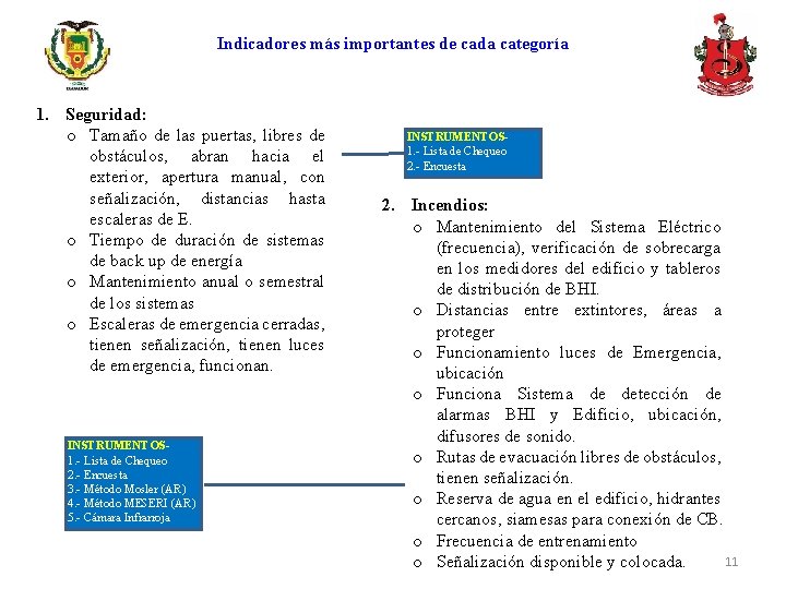 Indicadores más importantes de cada categoría 1. Seguridad: o Tamaño de las puertas, libres