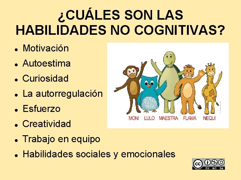 ¿CUÁLES SON LAS HABILIDADES NO COGNITIVAS? Motivación Autoestima Curiosidad La autorregulación Esfuerzo Creatividad Trabajo