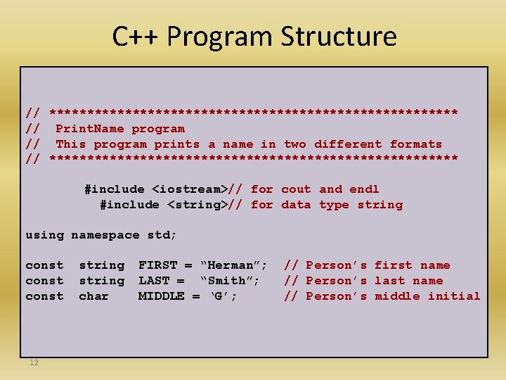 C++ Program Structure // *************************** // Print. Name program // This program prints a