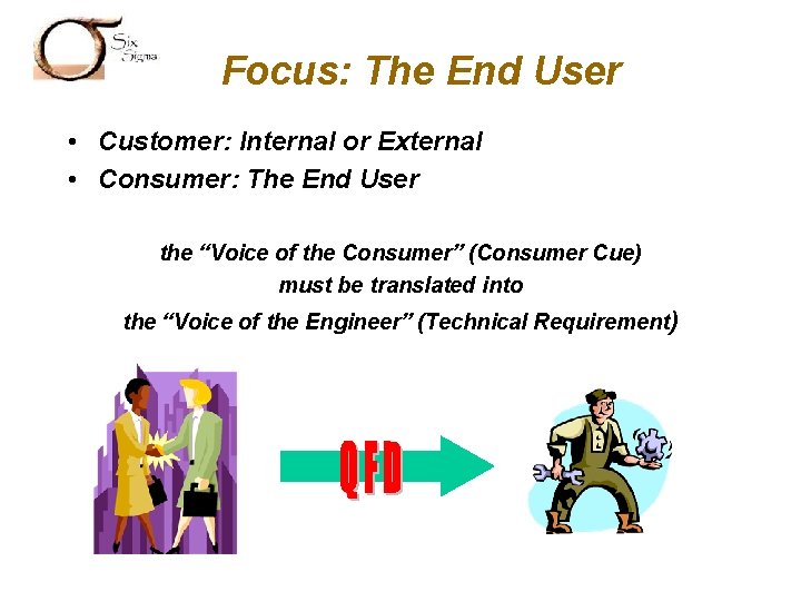 SIX SIGMA Focus: The End User • Customer: Internal or External • Consumer: The