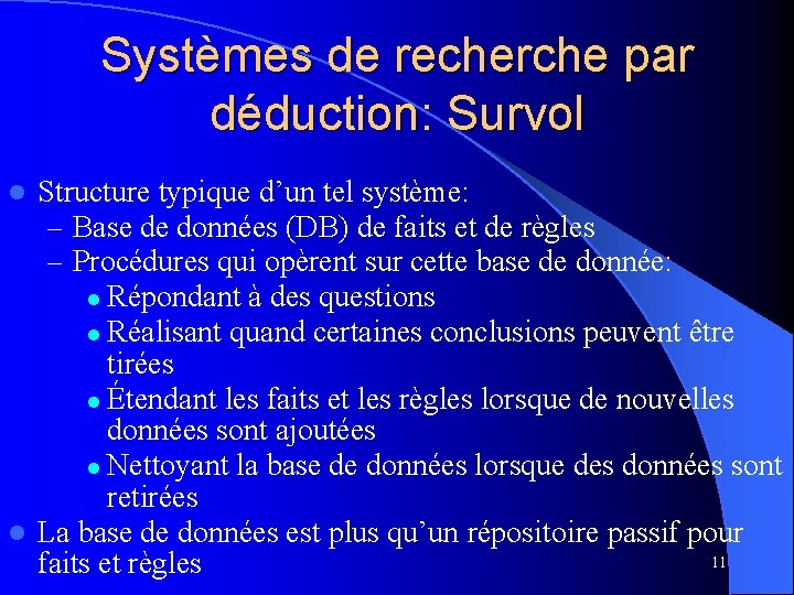 Systèmes de recherche par déduction: Survol Structure typique d’un tel système: – Base de