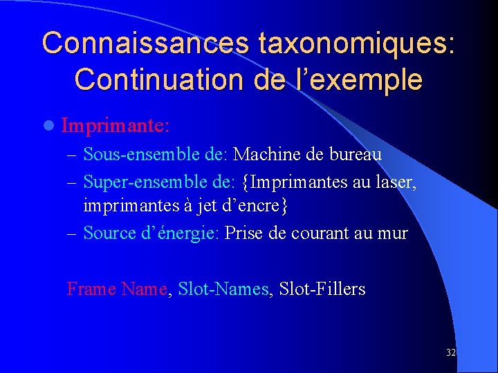 Connaissances taxonomiques: Continuation de l’exemple l Imprimante: – Sous-ensemble de: Machine de bureau –