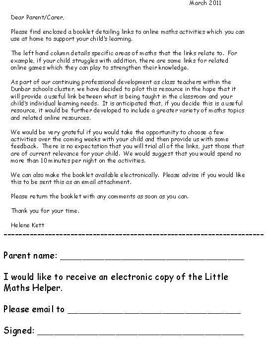 March 2011 Dear Parent/Carer, Please find enclosed a booklet detailing links to online maths