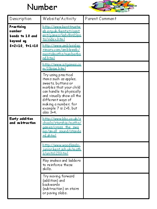 Number Description Website/Activity Practising number bonds to 10 and beyond eg 8+2=10, 9+1=10 http: