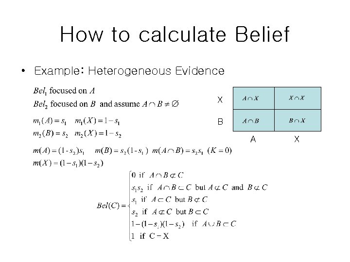 How to calculate Belief • Example: Heterogeneous Evidence X B A X 