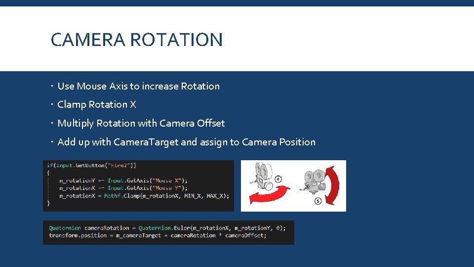 CAMERA ROTATION Use Mouse Axis to increase Rotation Clamp Rotation X Multiply Rotation with