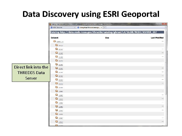 Data Discovery using ESRI Geoportal Direct link into the THREDDS Data Server 