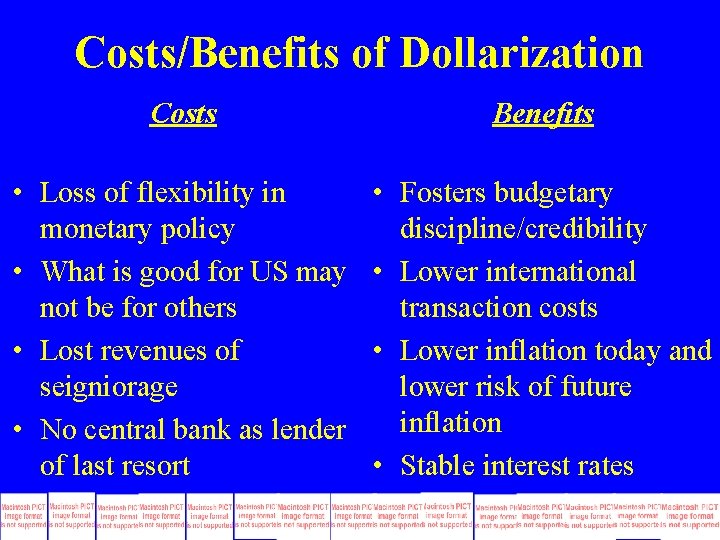 Costs/Benefits of Dollarization Costs Benefits • Loss of flexibility in monetary policy • What Costs/Benefits of Dollarization Costs Benefits • Loss of flexibility in monetary policy • What