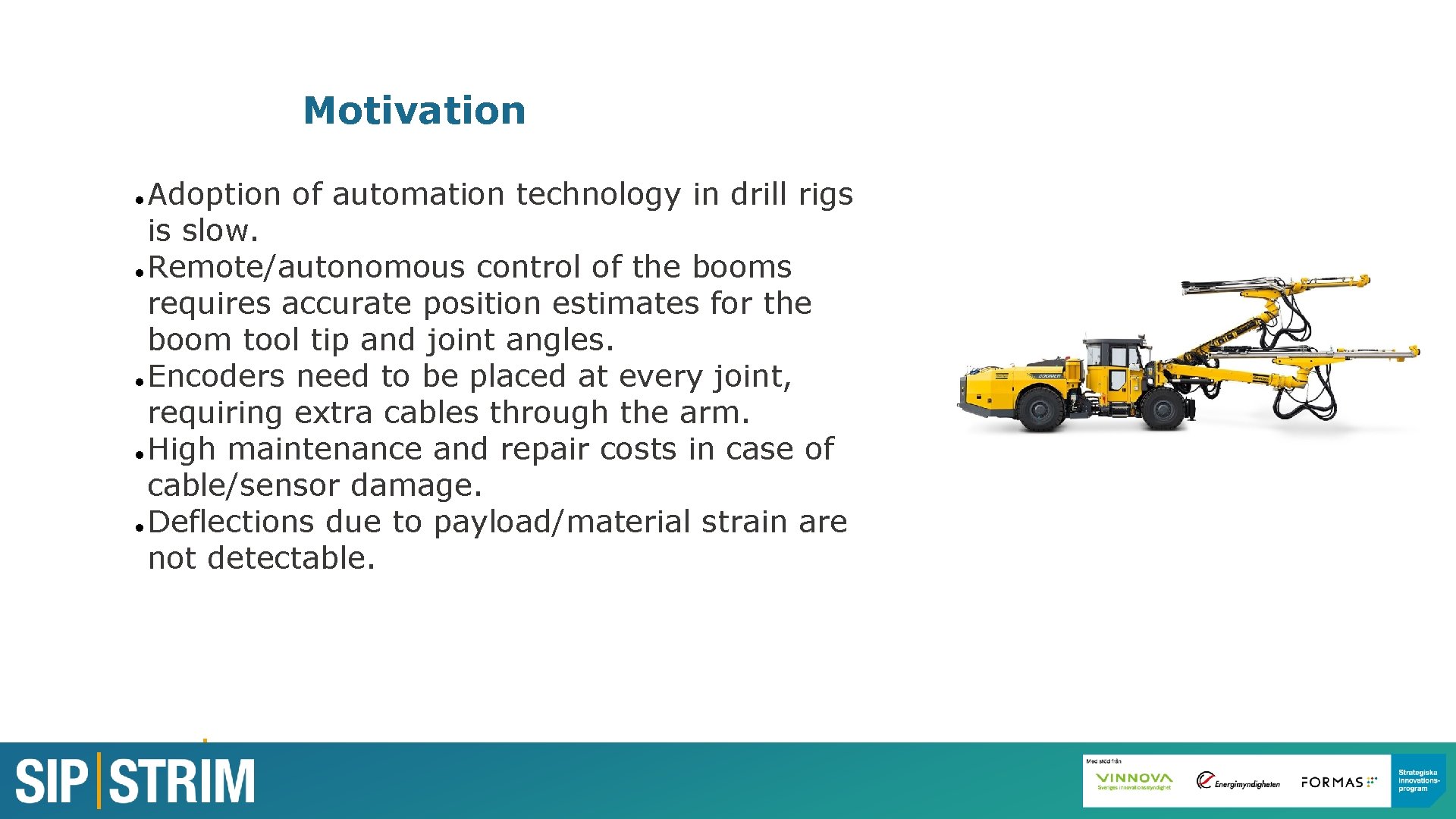 Motivation Adoption of automation technology in drill rigs is slow. Remote/autonomous control of the