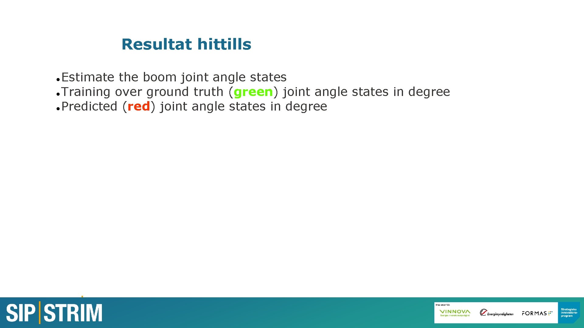 Resultat hittills Estimate the boom joint angle states Training over ground truth (green) joint