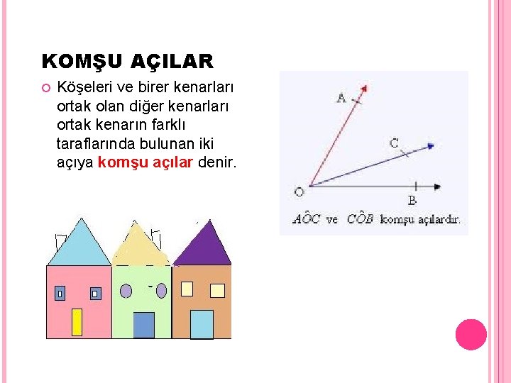 KOMŞU AÇILAR Köşeleri ve birer kenarları ortak olan diğer kenarları ortak kenarın farklı taraflarında