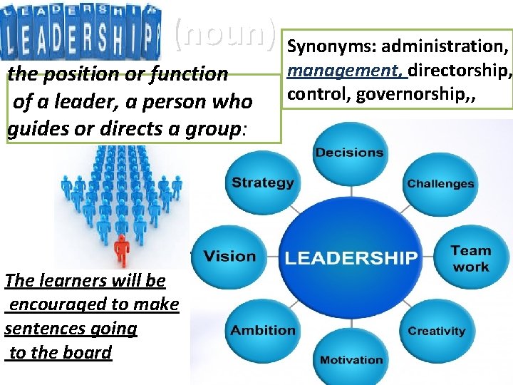 (noun) Synonyms: administration, the position or function of a leader, a person who guides