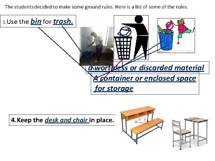 3. Use the bin for trash. a worthless or discarded material A container or