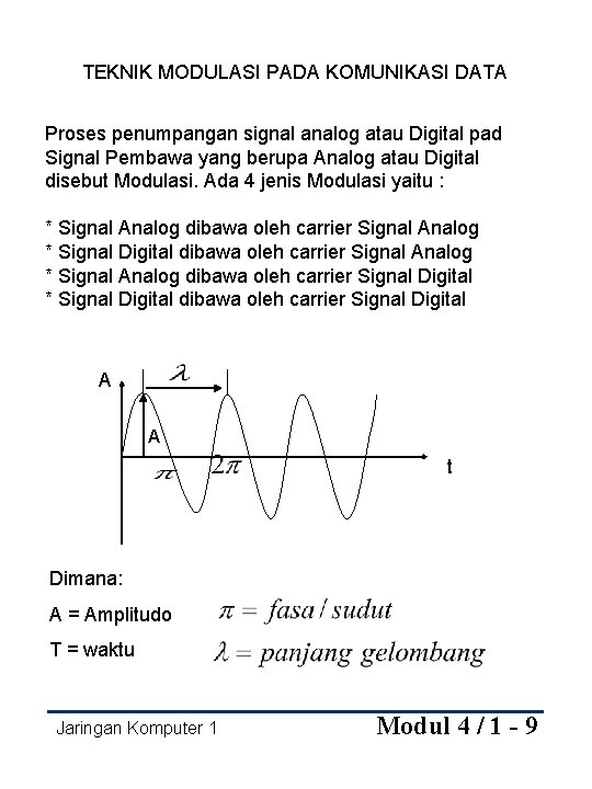 TEKNIK MODULASI PADA KOMUNIKASI DATA Proses penumpangan signal analog atau Digital pad Signal Pembawa