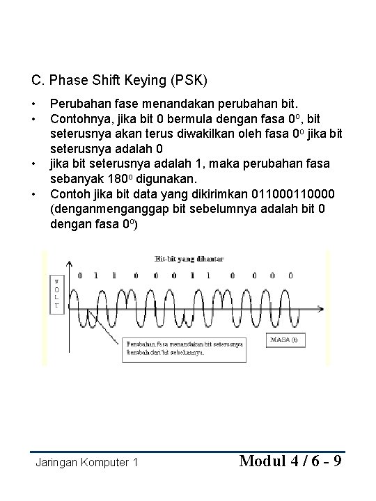 C. Phase Shift Keying (PSK) • • Perubahan fase menandakan perubahan bit. Contohnya, jika