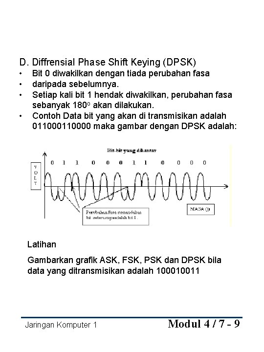 D. Diffrensial Phase Shift Keying (DPSK) • • Bit 0 diwakilkan dengan tiada perubahan