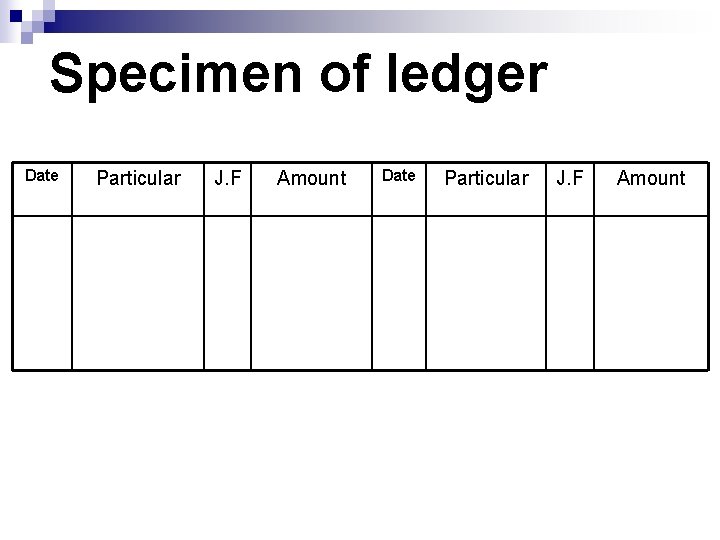 Specimen of ledger Date Particular J. F Amount 