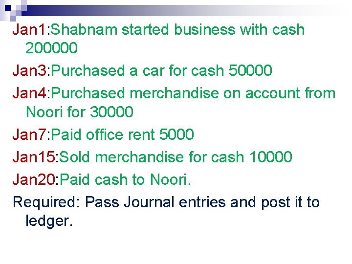 Jan 1: Shabnam started business with cash 200000 Jan 3: Purchased a car for