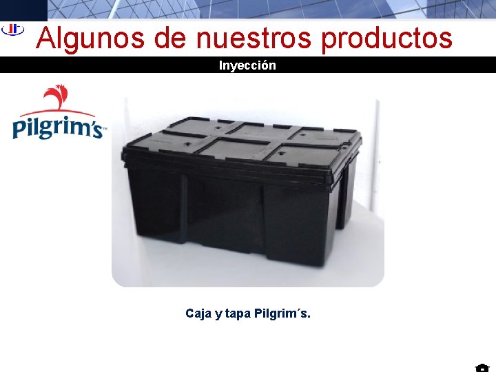 Algunos de nuestros productos Inyección Caja y tapa Pilgrim´s. Algunos de nuestros productos Inyección Caja y tapa Pilgrim´s.