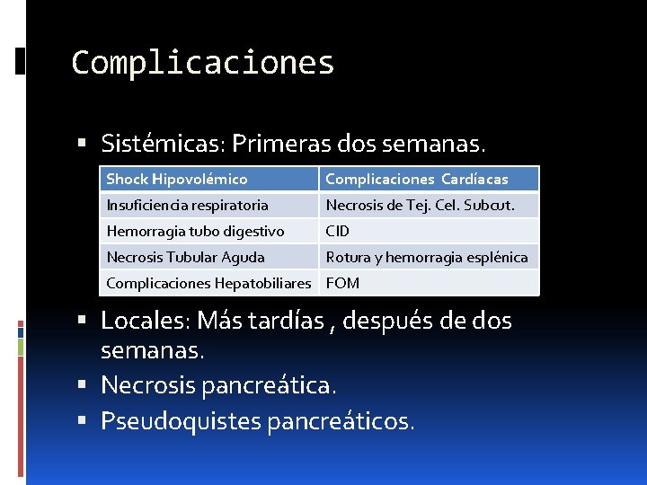 Complicaciones Sistémicas: Primeras dos semanas. Shock Hipovolémico Complicaciones Cardíacas Insuficiencia respiratoria Necrosis de Tej.