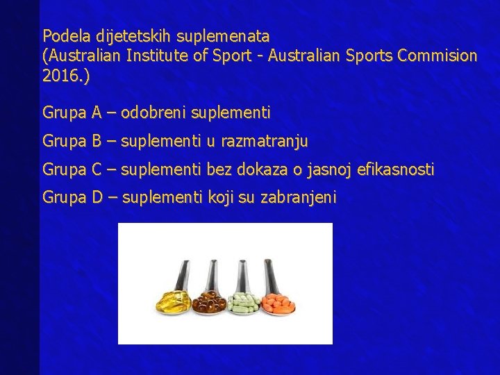Podela dijetetskih suplemenata (Australian Institute of Sport - Australian Sports Commision 2016. ) Grupa