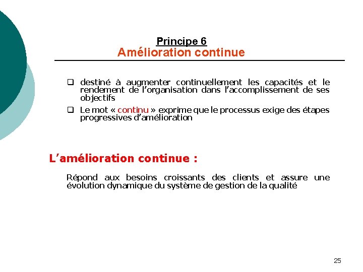 Principe 6 Amélioration continue q destiné à augmenter continuellement les capacités et le rendement