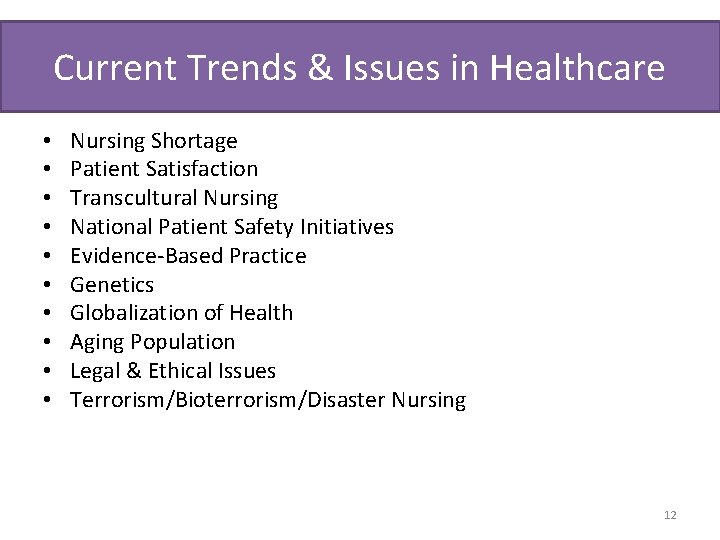 Current Trends & Issues in Healthcare • • • Nursing Shortage Patient Satisfaction Transcultural