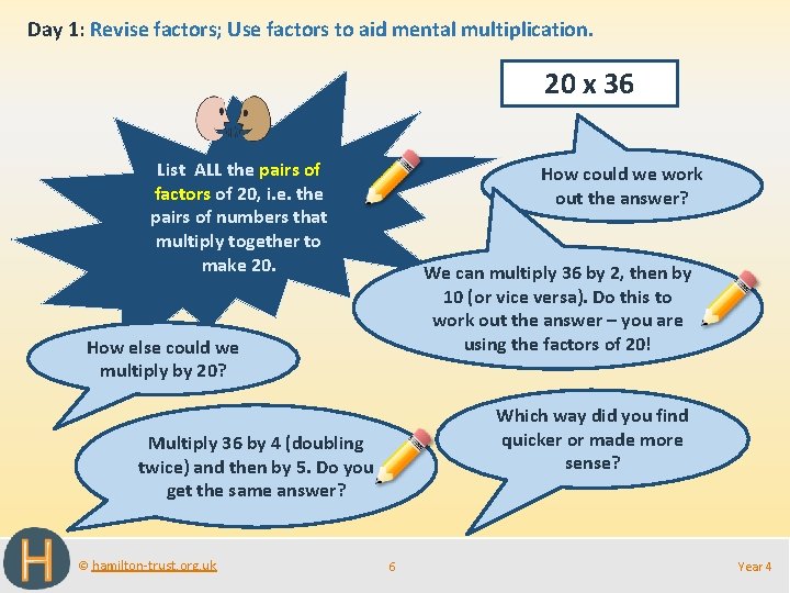 Day 1: Revise factors; Use factors to aid mental multiplication. 20 x 36 List