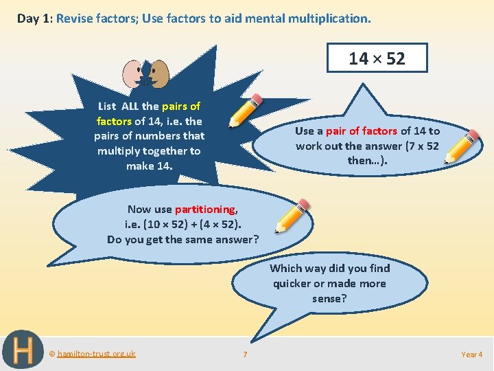 Day 1: Revise factors; Use factors to aid mental multiplication. 14 × 52 List