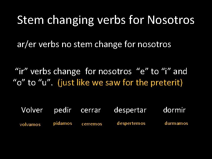 Stem changing verbs for Nosotros ar/er verbs no stem change for nosotros “ir” verbs Stem changing verbs for Nosotros ar/er verbs no stem change for nosotros “ir” verbs
