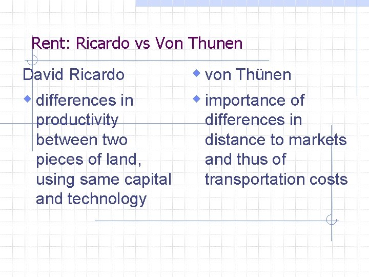 Rent: Ricardo vs Von Thunen David Ricardo w differences in productivity between two pieces
